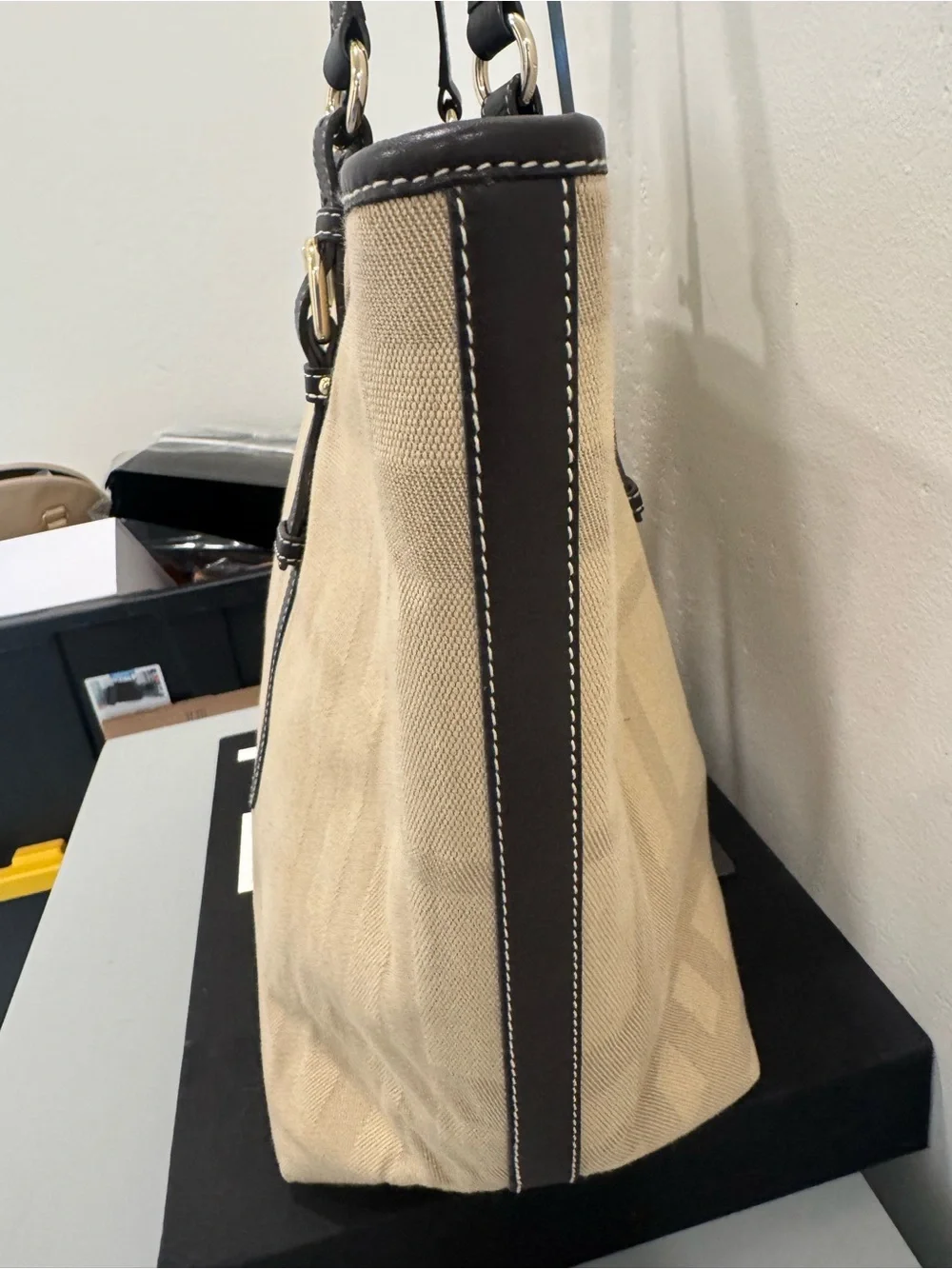 Burberry Beige Plaid Canvas Tote with Dark Brown Leather Trim